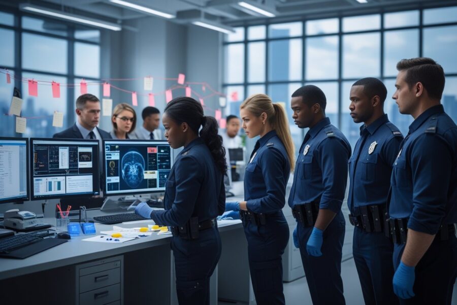 Equipe de investigadores analisando evidências em um laboratório de crimes moderno e bem iluminado.
