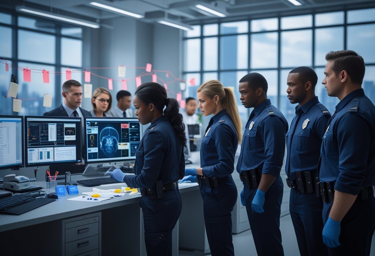 Equipe de investigadores analisando evidências em um laboratório de crimes moderno e bem iluminado.