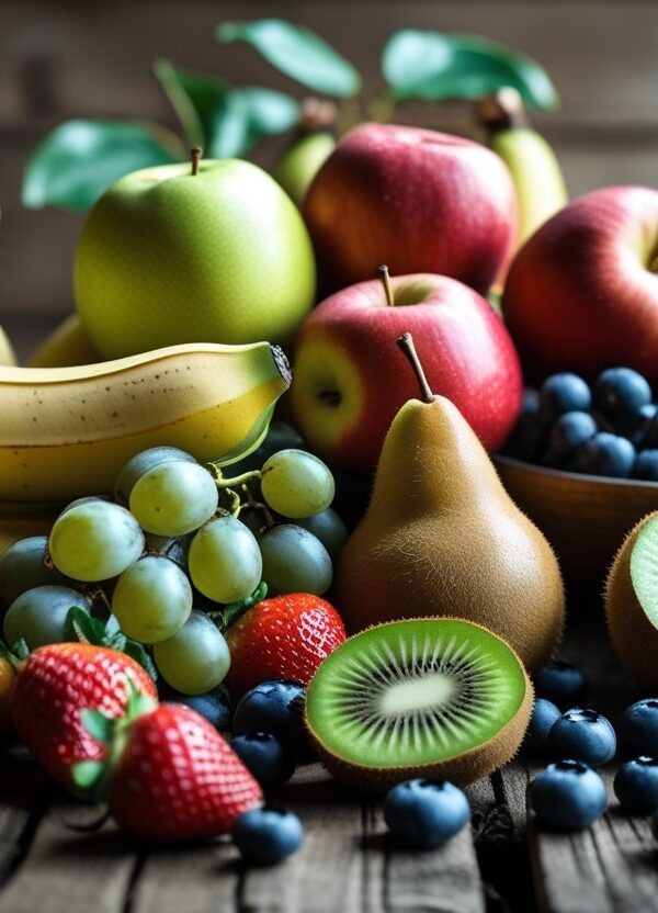 Uma variedade de frutas frescas não cítricas dispostas sobre uma mesa de madeira, incluindo bananas, maçãs, peras, uvas, morangos, mirtilos e kiwi fatiado.