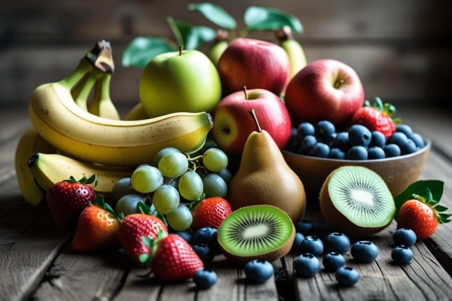 Uma variedade de frutas frescas não cítricas dispostas sobre uma mesa de madeira, incluindo bananas, maçãs, peras, uvas, morangos, mirtilos e kiwi fatiado.