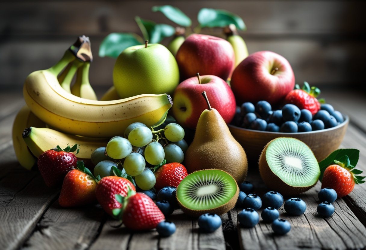 Uma variedade de frutas frescas não cítricas dispostas sobre uma mesa de madeira, incluindo bananas, maçãs, peras, uvas, morangos, mirtilos e kiwi fatiado.