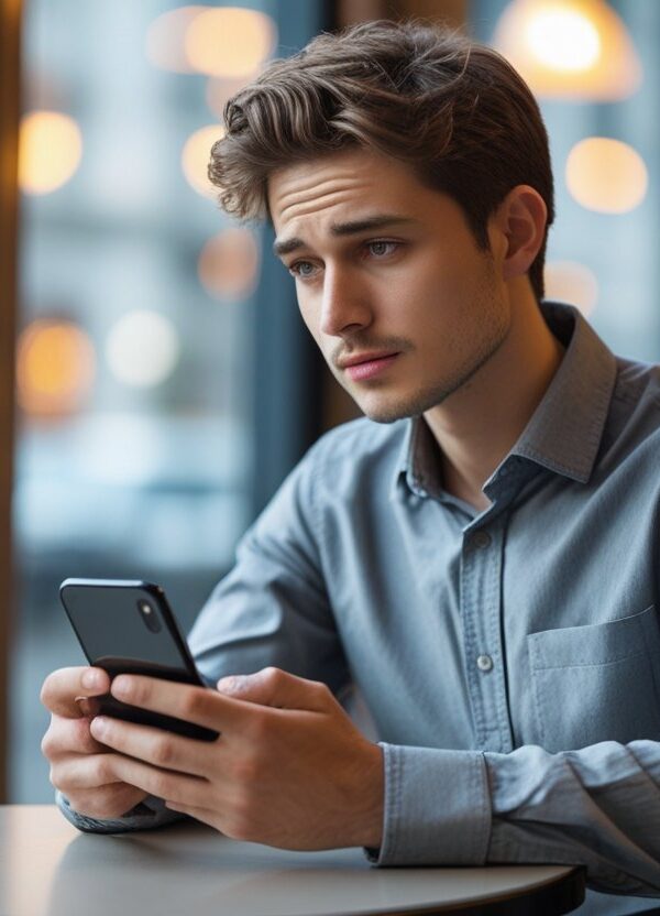 Homem jovem sentado sozinho em um café moderno olhando para o celular com expressão pensativa.