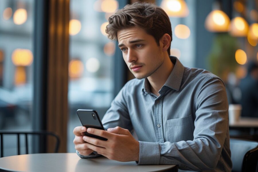 Homem jovem sentado sozinho em um café moderno olhando para o celular com expressão pensativa.