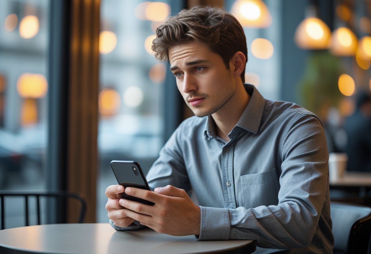 Homem jovem sentado sozinho em um café moderno olhando para o celular com expressão pensativa.