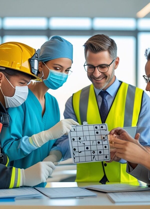 Grupo diversificado de profissionais difíceis, como bombeiro, cirurgião, trabalhador da construção e professor, reunidos em um ambiente moderno, demonstrando concentração e colaboração.