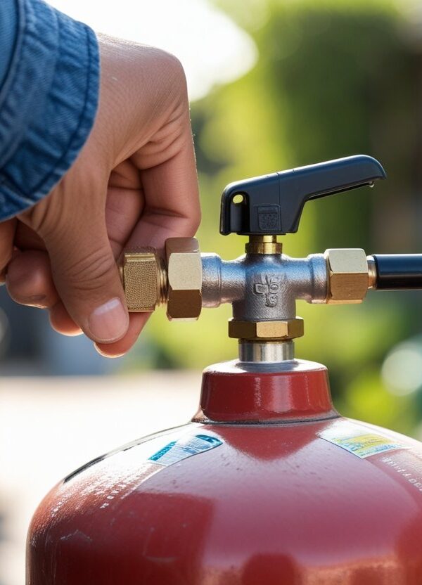 Mão fechando o registro de um botijão de gás cheio em um ambiente externo.