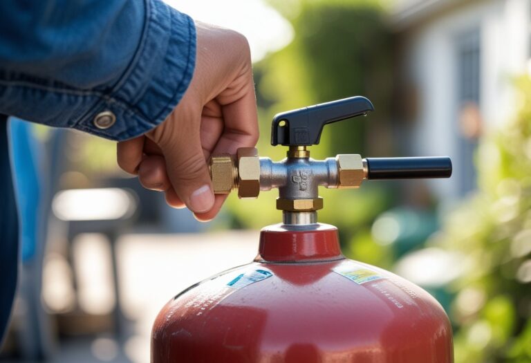 Mão fechando o registro de um botijão de gás cheio em um ambiente externo.