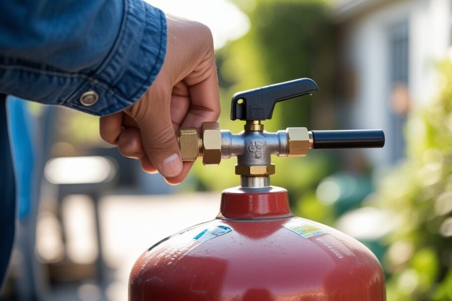 Mão fechando o registro de um botijão de gás cheio em um ambiente externo.