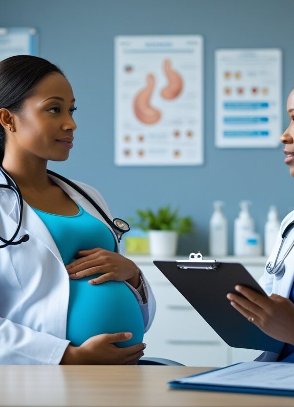Mulher grávida conversando com médica em consultório médico.