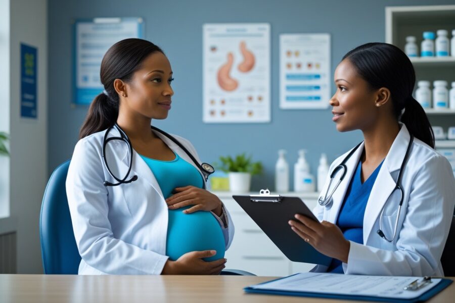 Mulher grávida conversando com médica em consultório médico.