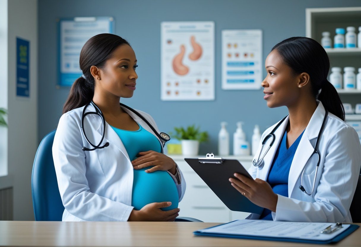 Mulher grávida conversando com médica em consultório médico.