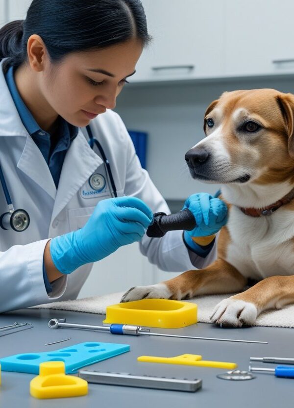 Veterinário confeccionando uma prótese para cachorro em clínica veterinária, com o cão calmo sobre a mesa e ferramentas ao redor.