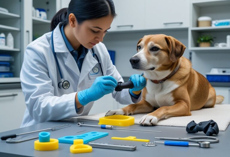 Veterinário confeccionando uma prótese para cachorro em clínica veterinária, com o cão calmo sobre a mesa e ferramentas ao redor.
