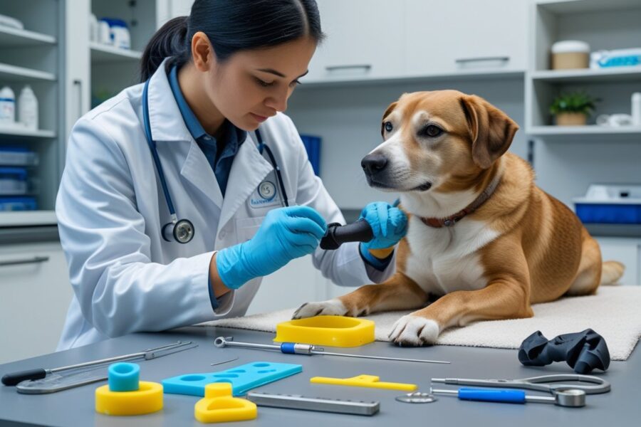 Veterinário confeccionando uma prótese para cachorro em clínica veterinária, com o cão calmo sobre a mesa e ferramentas ao redor.