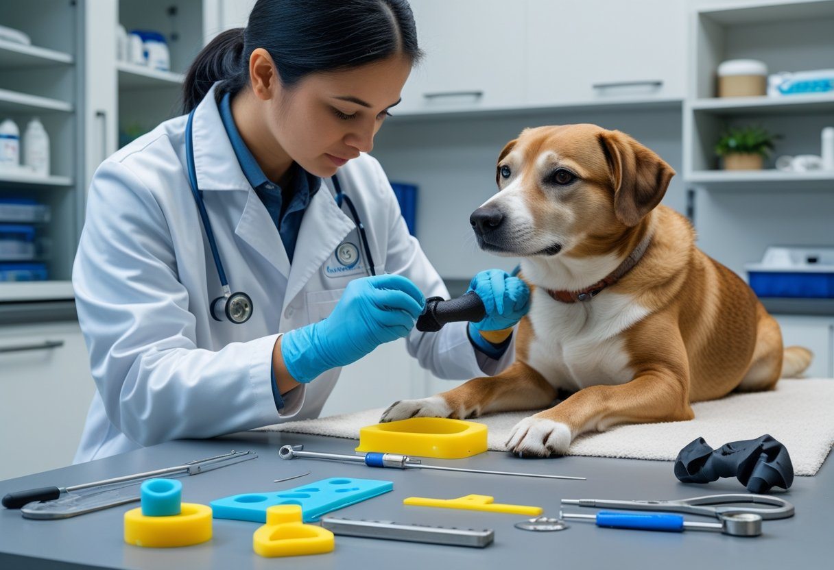 Veterinário confeccionando uma prótese para cachorro em clínica veterinária, com o cão calmo sobre a mesa e ferramentas ao redor.