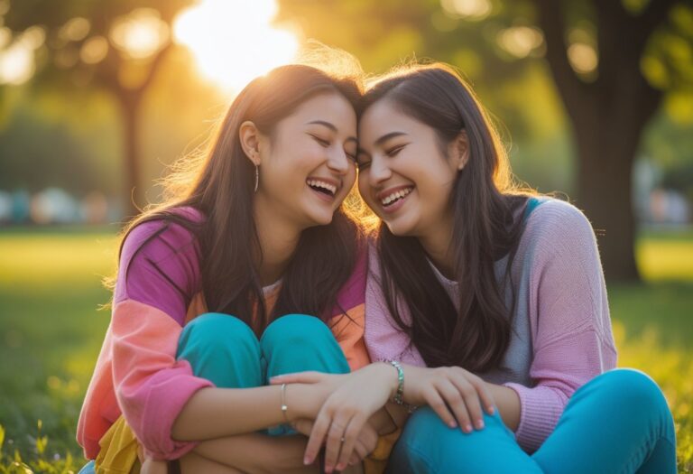 Duas amigas sorrindo e sentadas juntas em um parque ensolarado, demonstrando carinho e proximidade.