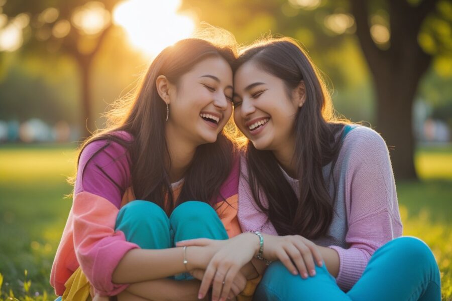 Duas amigas sorrindo e sentadas juntas em um parque ensolarado, demonstrando carinho e proximidade.