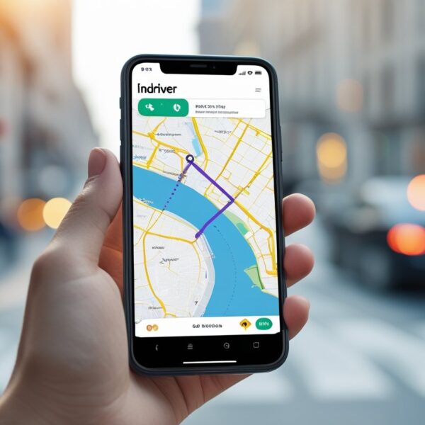 Uma mão segurando um smartphone com o aplicativo Indriver aberto mostrando um mapa e uma rota, com um fundo urbano desfocado.