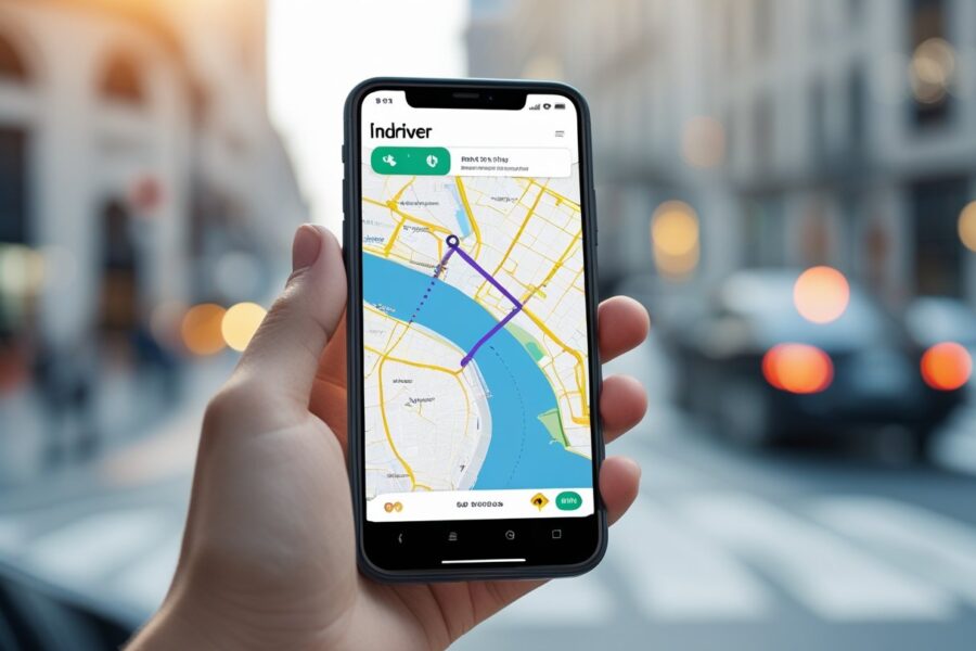 Uma mão segurando um smartphone com o aplicativo Indriver aberto mostrando um mapa e uma rota, com um fundo urbano desfocado.