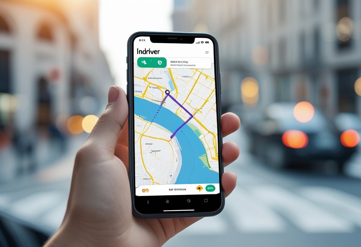 Uma mão segurando um smartphone com o aplicativo Indriver aberto mostrando um mapa e uma rota, com um fundo urbano desfocado.