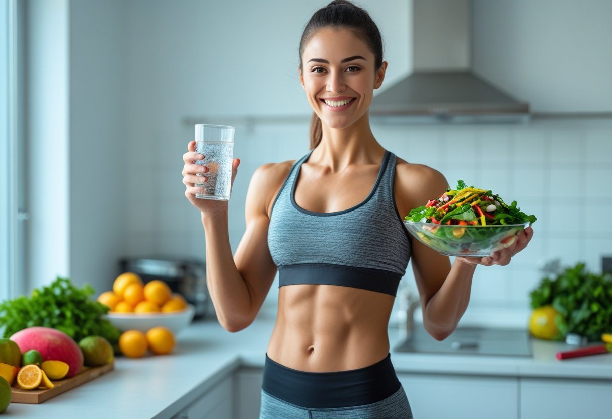 Mulher jovem e saudável em roupa esportiva segurando um copo de água e uma tigela de salada em uma cozinha moderna e iluminada.