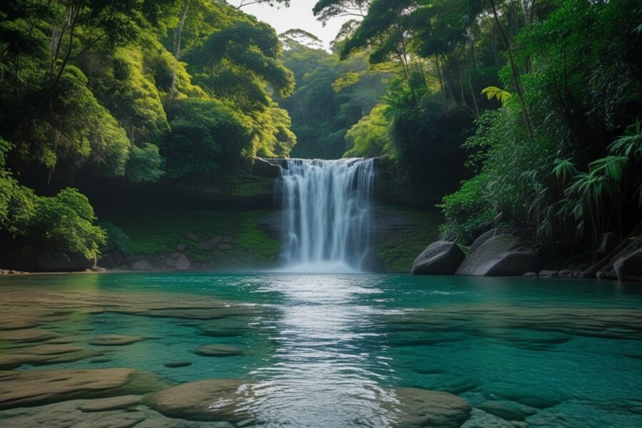 Cachoeira cercada por vegetação verde e água cristalina caindo sobre pedras.