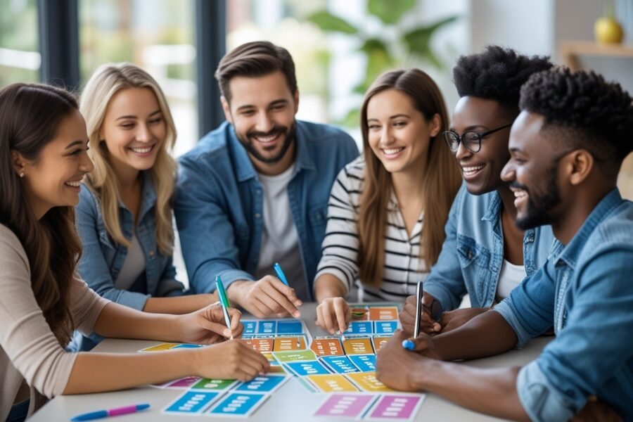 Grupo de pessoas jogando o jogo Stop em uma mesa, com papéis e canetas, em um ambiente claro e descontraído.