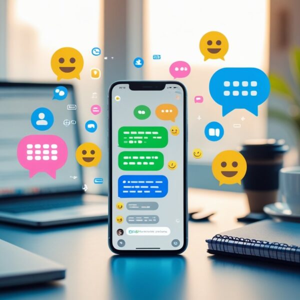Mesa de trabalho moderna com smartphone mostrando interface de chat, laptop, caderno e xícara de café, simbolizando comunicação digital.