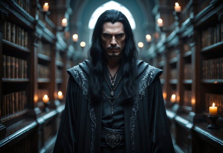 Um homem misterioso com cabelos longos e pretos, vestindo um manto preto, está em uma biblioteca antiga e escura, com prateleiras cheias de livros ao fundo.