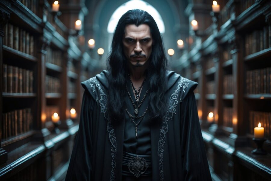 Um homem misterioso com cabelos longos e pretos, vestindo um manto preto, está em uma biblioteca antiga e escura, com prateleiras cheias de livros ao fundo.