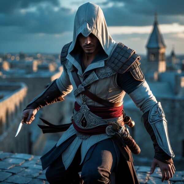 Um assassino encapuzado em uma pose furtiva no topo de um prédio, com uma cidade antiga ao fundo ao entardecer.