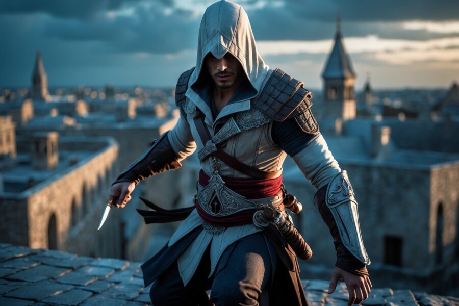 Um assassino encapuzado em uma pose furtiva no topo de um prédio, com uma cidade antiga ao fundo ao entardecer.
