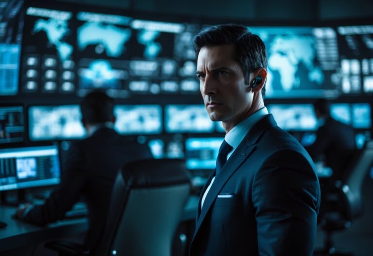 Homem confiante em terno escuro em uma sala de controle com telas digitais e pessoas trabalhando ao fundo.