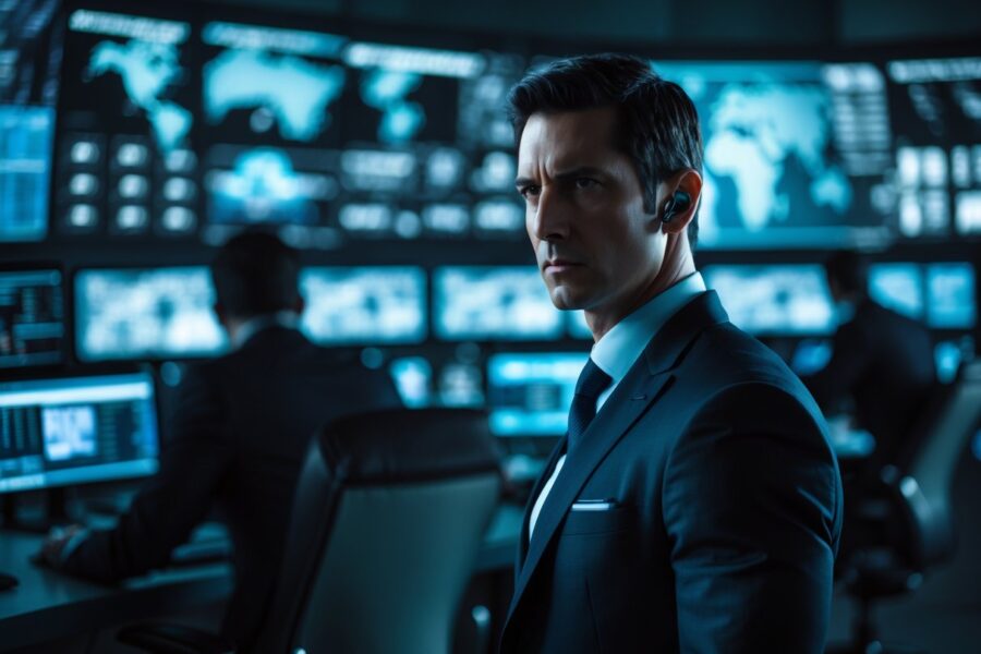Homem confiante em terno escuro em uma sala de controle com telas digitais e pessoas trabalhando ao fundo.