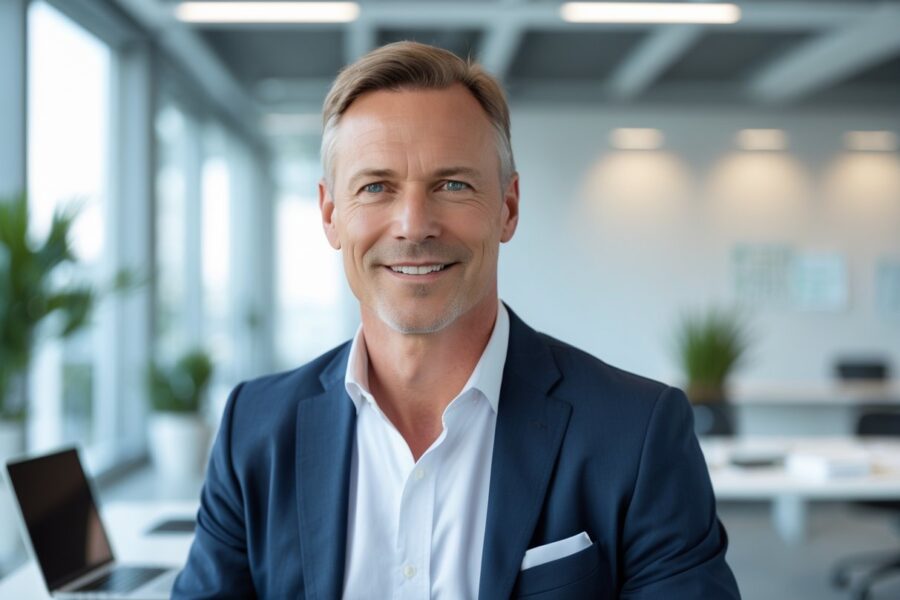 Homem de meia-idade sorrindo em um escritório moderno, vestindo camisa branca e blazer azul, com uma mesa e plantas ao fundo.