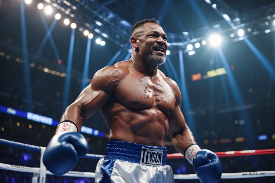 Um boxeador vitorioso e determinado em um ringue de boxe, com expressão de superação e público desfocado ao fundo.