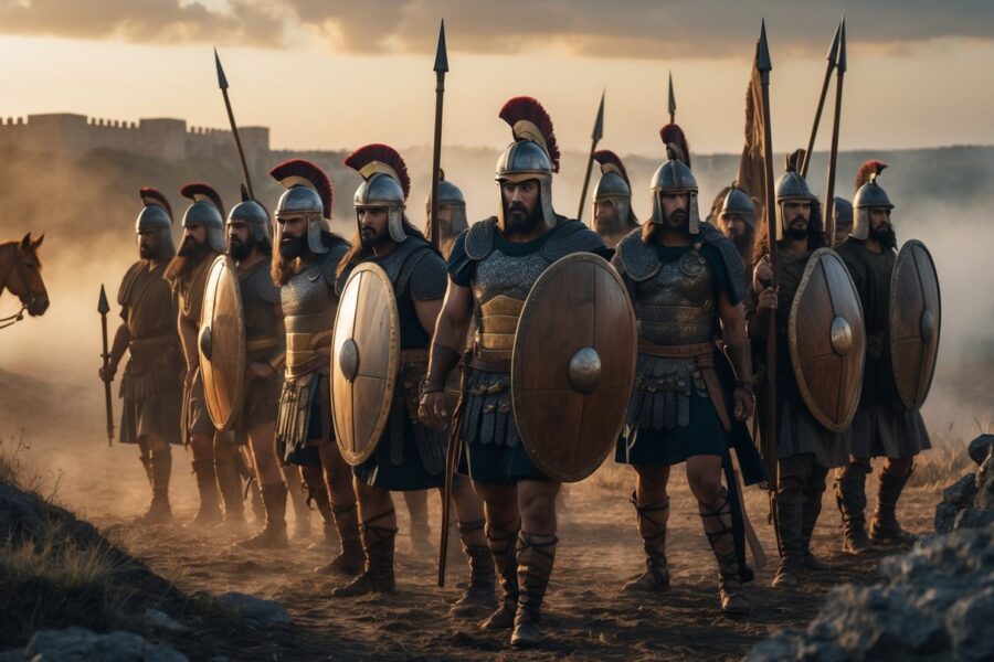 Um grupo de guerreiros antigos vestidos com armaduras e armas, posicionados em um campo de batalha ao amanhecer, com uma paisagem de névoa e uma estrutura semelhante a um cavalo de madeira ao fundo.