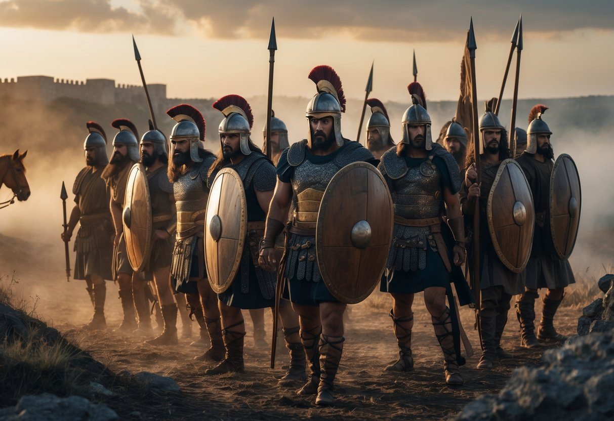 Um grupo de guerreiros antigos vestidos com armaduras e armas, posicionados em um campo de batalha ao amanhecer, com uma paisagem de névoa e uma estrutura semelhante a um cavalo de madeira ao fundo.