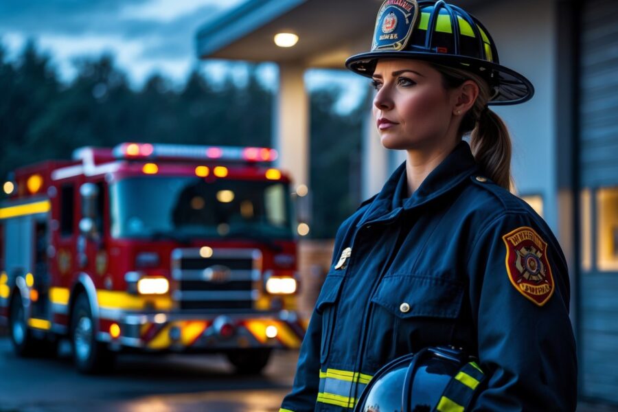 Uma bombeira feminina em uniforme completo, parada em frente a uma estação de bombeiros ao entardecer, com expressão séria e reflexiva, segurando o capacete sob um braço.