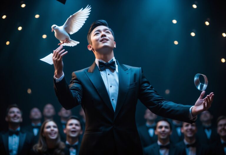 Mágico em palco realizando o truque final, com expressão confiante e público surpreso ao fundo.