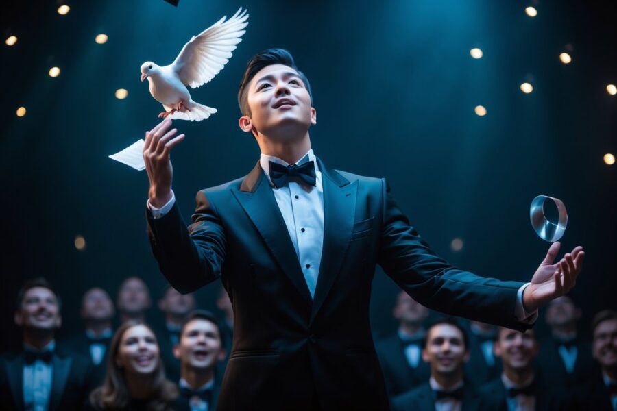 Mágico em palco realizando o truque final, com expressão confiante e público surpreso ao fundo.
