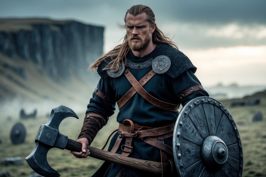 Guerreiro viking em armadura medieval em um campo de batalha nórdico com céu tempestuoso ao fundo.