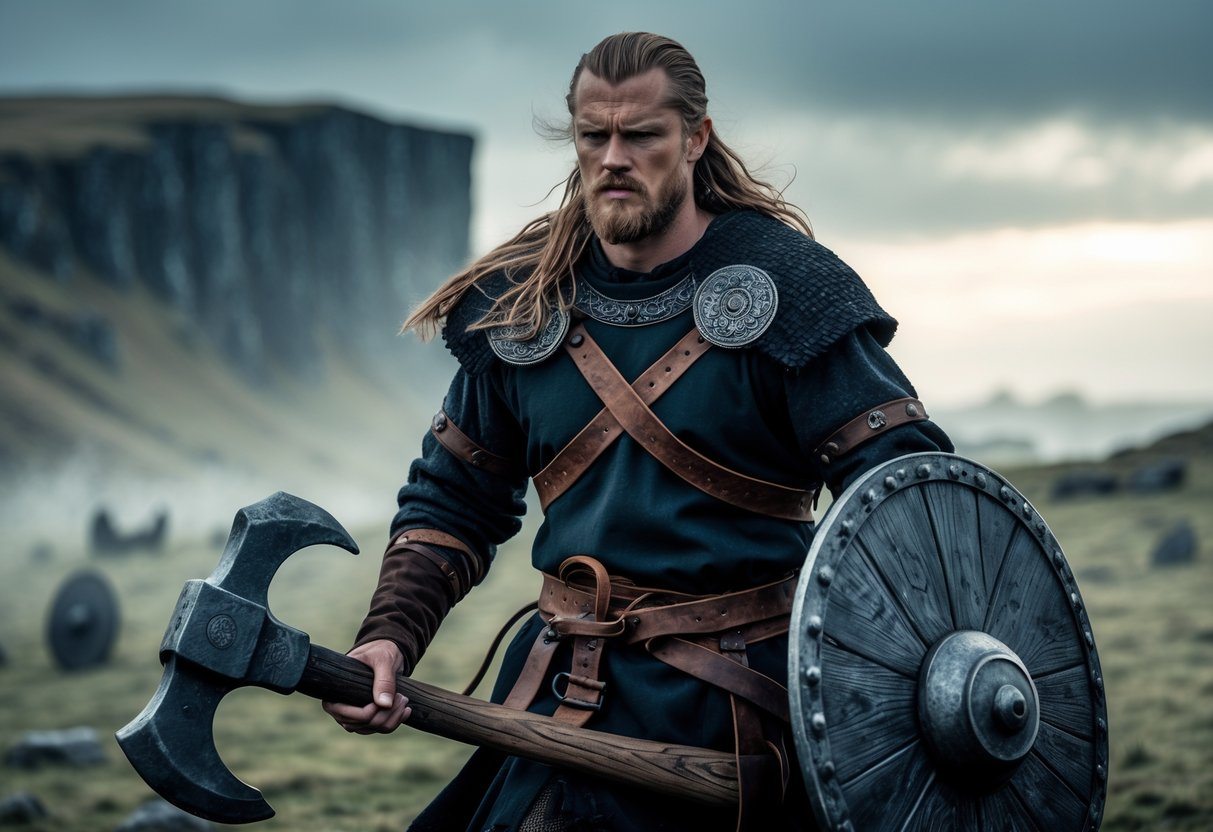 Guerreiro viking em armadura medieval em um campo de batalha nórdico com céu tempestuoso ao fundo.