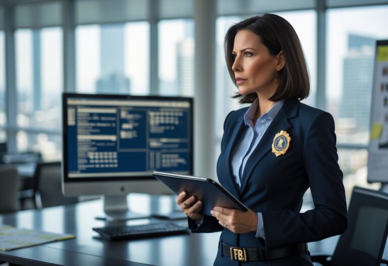 Mulher agente do FBI em escritório moderno, olhando para uma tela de computador com dados de investigação criminal.