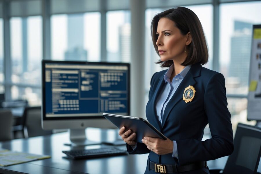 Mulher agente do FBI em escritório moderno, olhando para uma tela de computador com dados de investigação criminal.