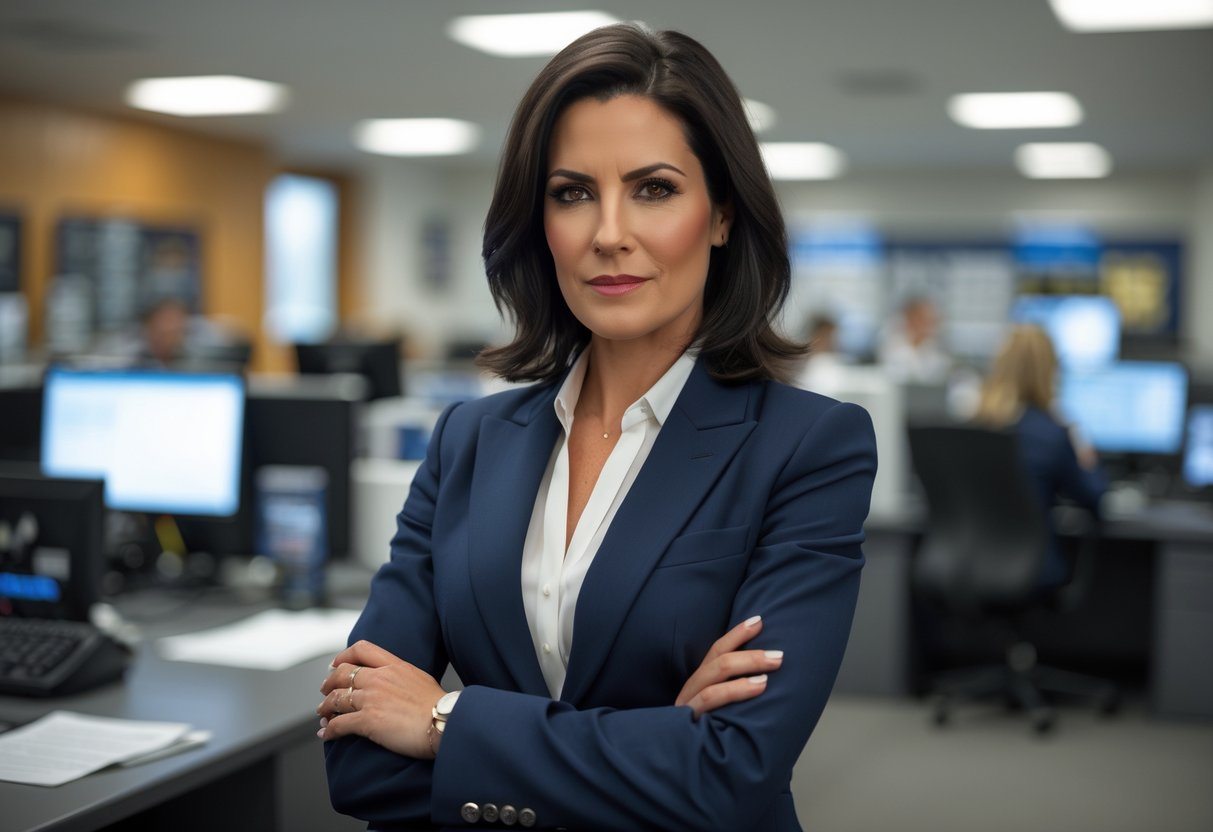 Mulher confiante em um escritório moderno da polícia, olhando diretamente para a câmera com expressão determinada.