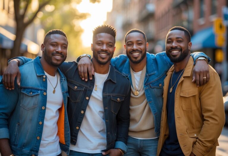 Quatro homens afro-americanos sorrindo juntos em uma rua movimentada da cidade durante o dia.