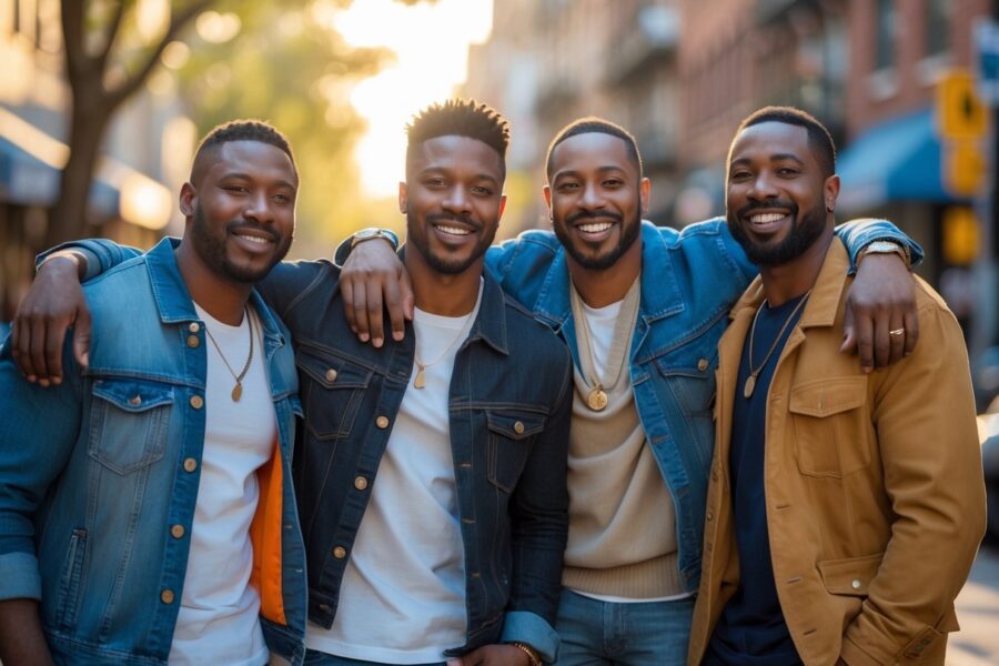 Quatro homens afro-americanos sorrindo juntos em uma rua movimentada da cidade durante o dia.