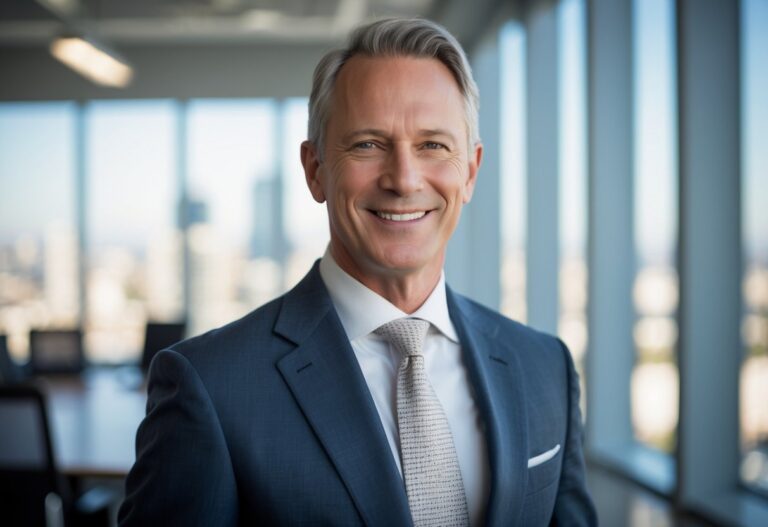 Homem de meia-idade vestindo terno em um escritório moderno com vista para a cidade.