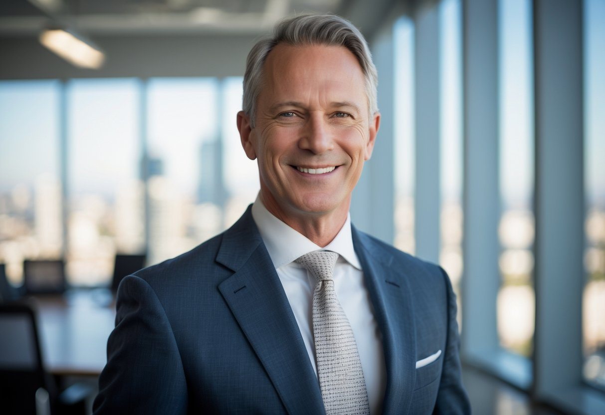 Homem de meia-idade vestindo terno em um escritório moderno com vista para a cidade.